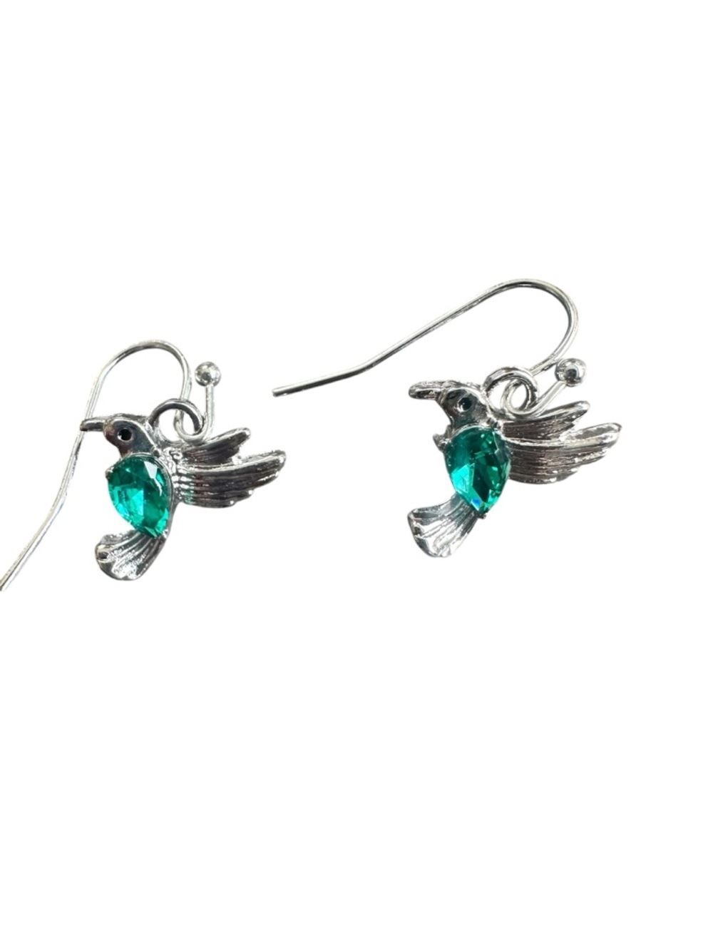 Sterling Silver Hummingbird Drop Earrings with Emerald Green Rhinestone